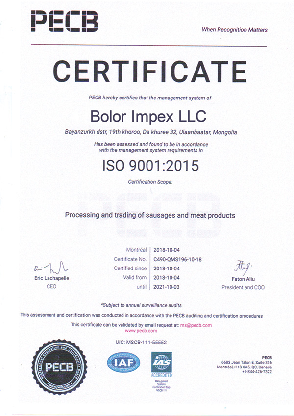 Bolor Impex LLC-Certificate